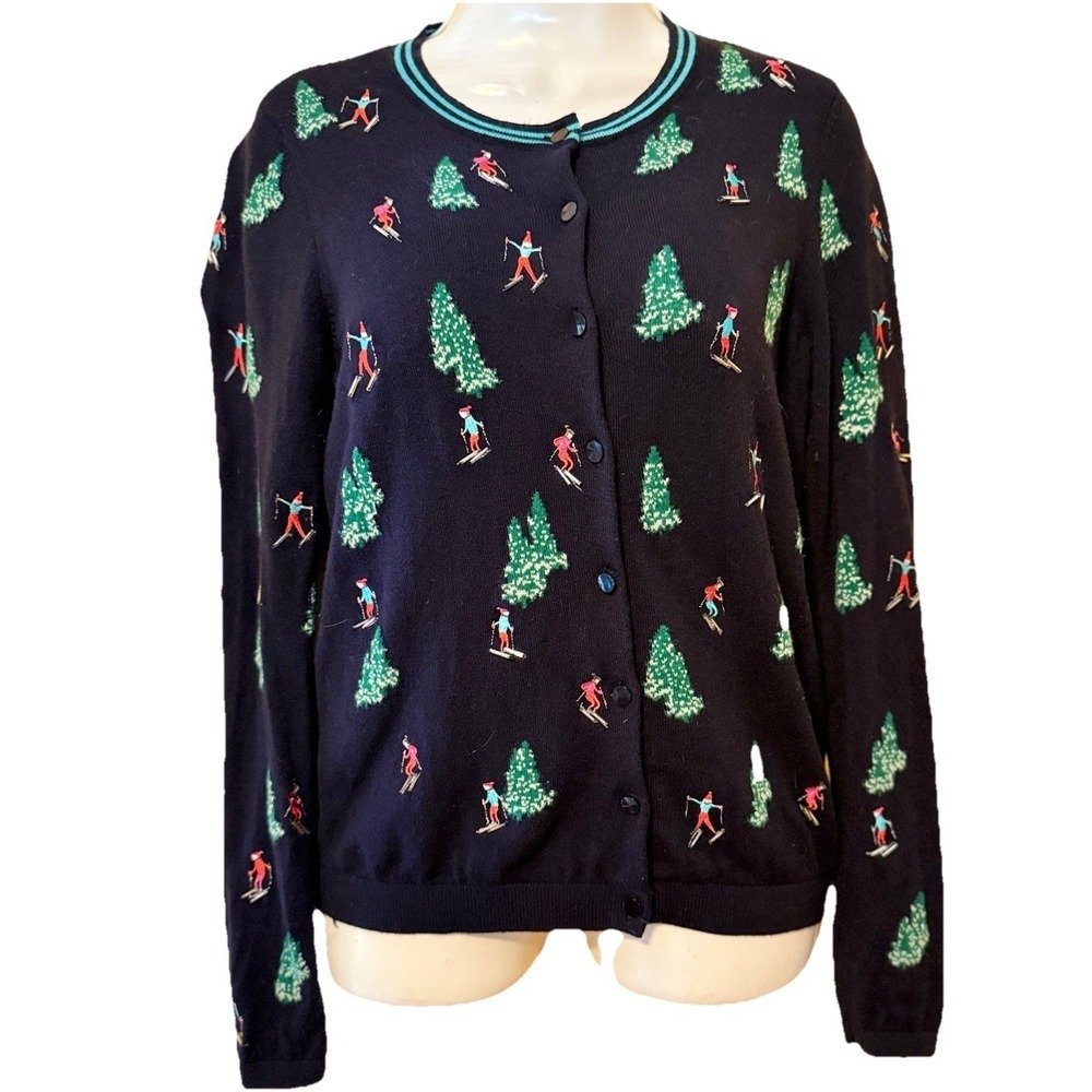 Talbots Blue Cardigan  SZ Petite Small  Alps Ski Season Embroidered Chic Sporty